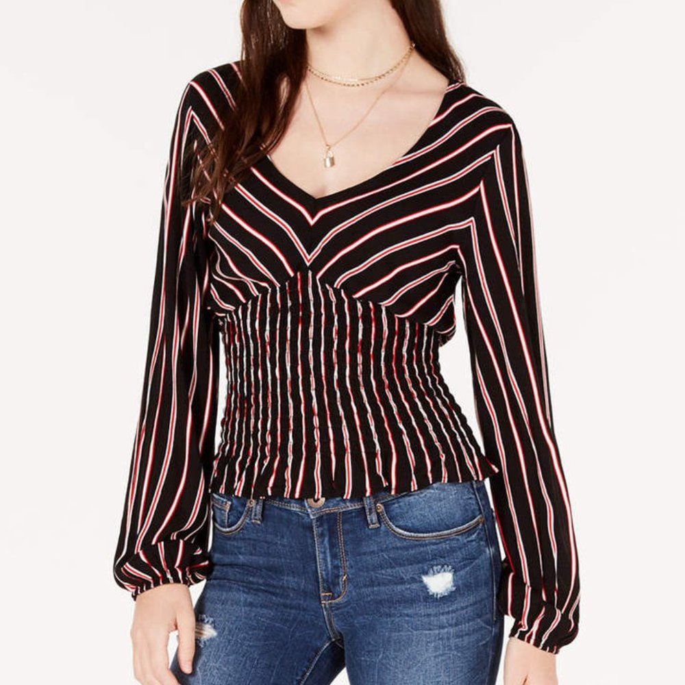 Long Sleeve V-Neck Smocked Waist Blouse